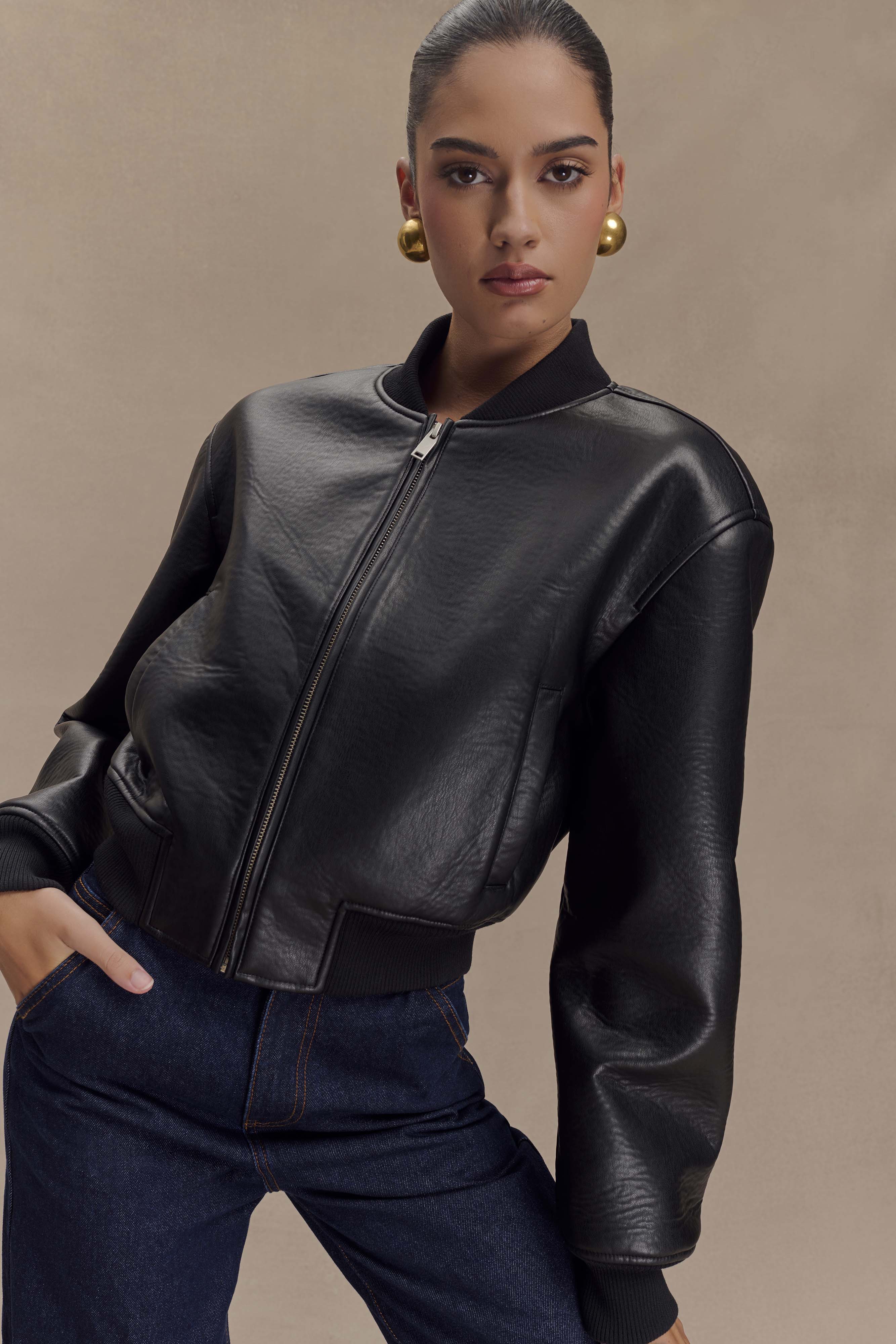 Codi Faux Leather Bomber Jacket - Black - Image 7